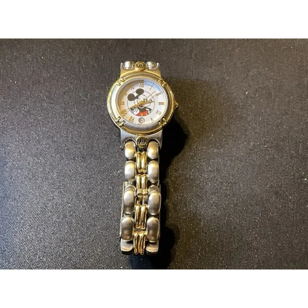 Disney Mickey Mouse Time Works Watch Gold and Silver Tone Needs Battery
